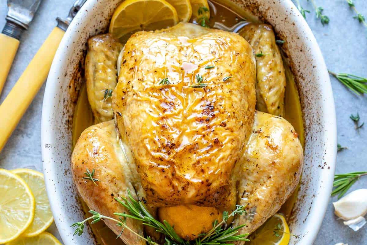 roasted chicken in a baking dish.