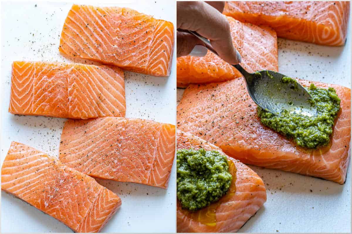 process shot to season the salmon filets and add pesto over it.