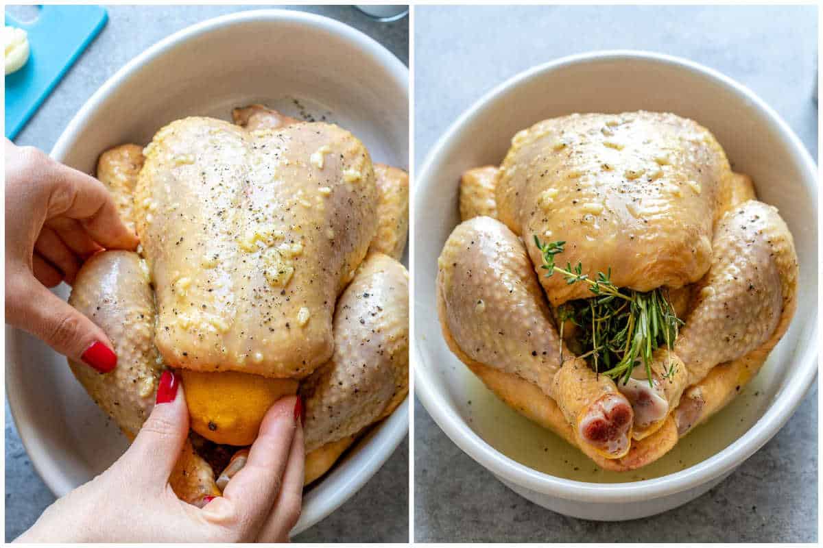 collage for seasoning the whole chicken and adding it to the dish.