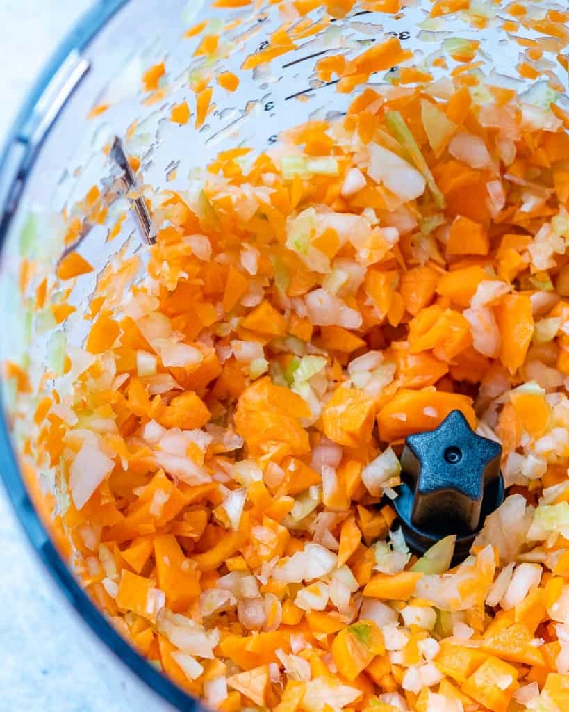 Vegetables chopped in a food processor.