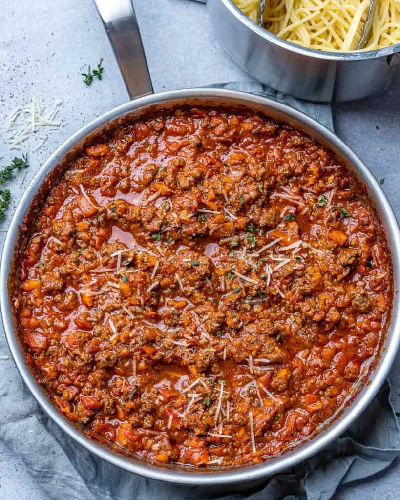 Bolognese sauce inside of a pan.