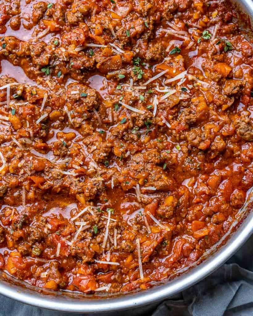 top view of bolognese sauce in a pan