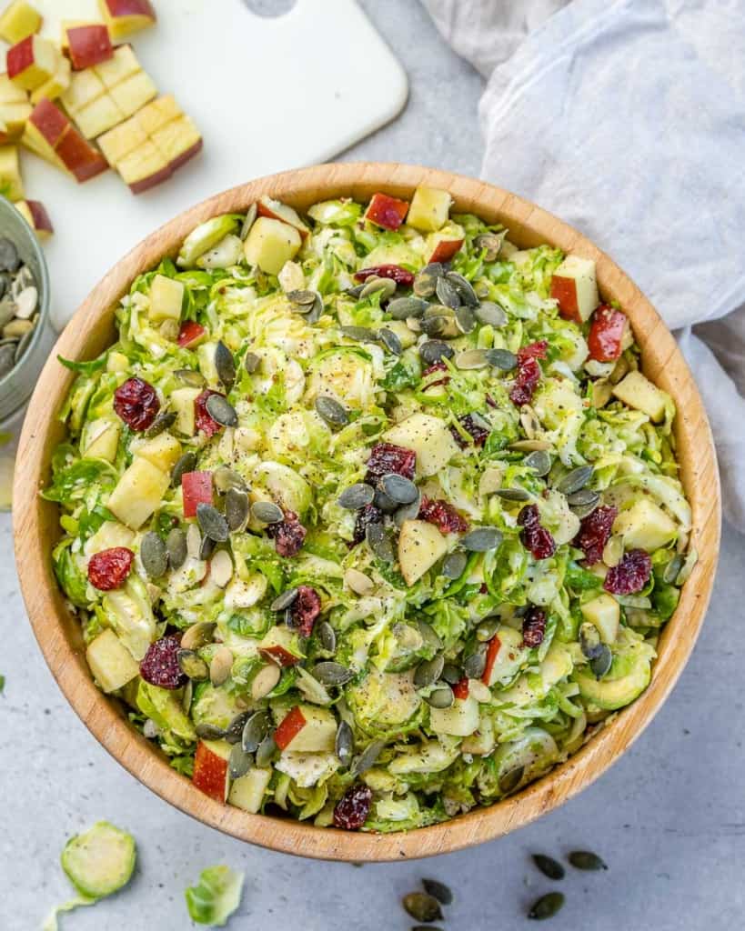 Overhead photo of a bowl of Brussels sprouts salad.