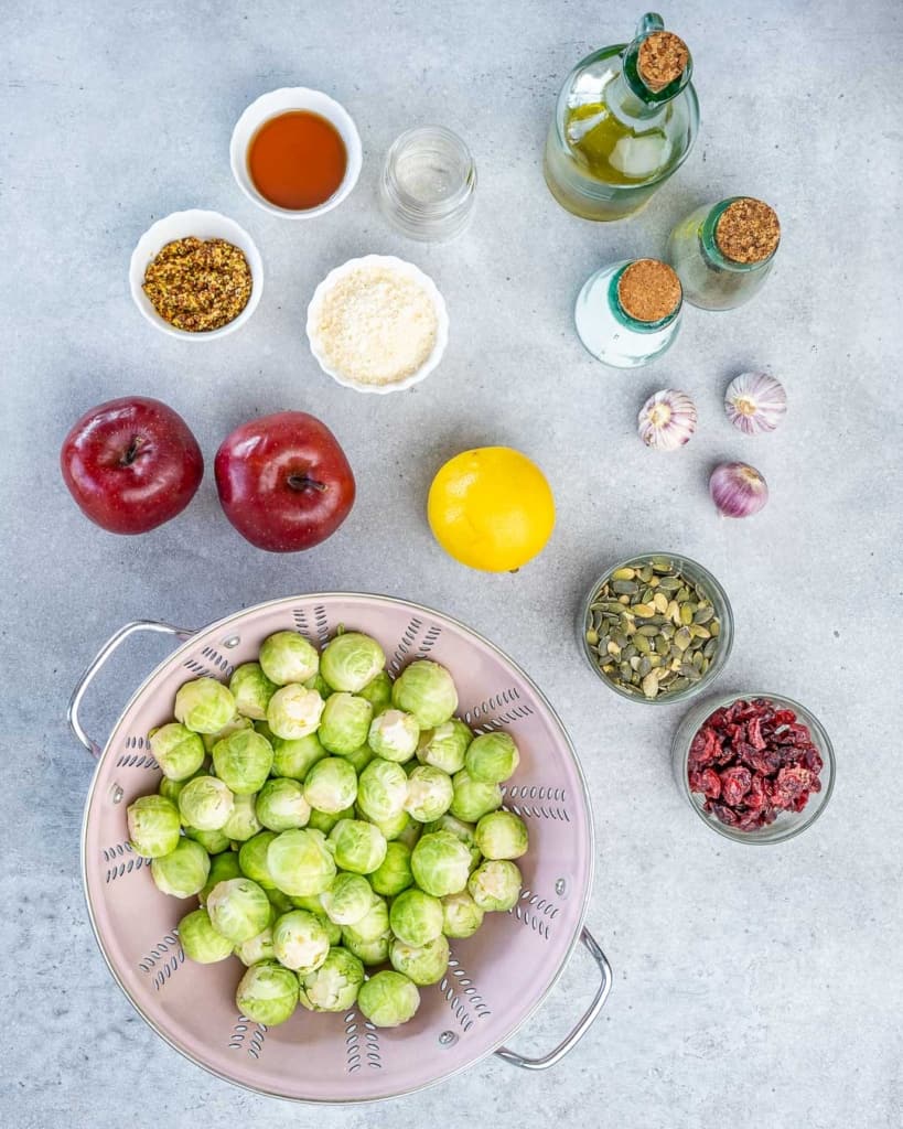 Overhead image of ingredients needed for a Brussels sprouts salad.