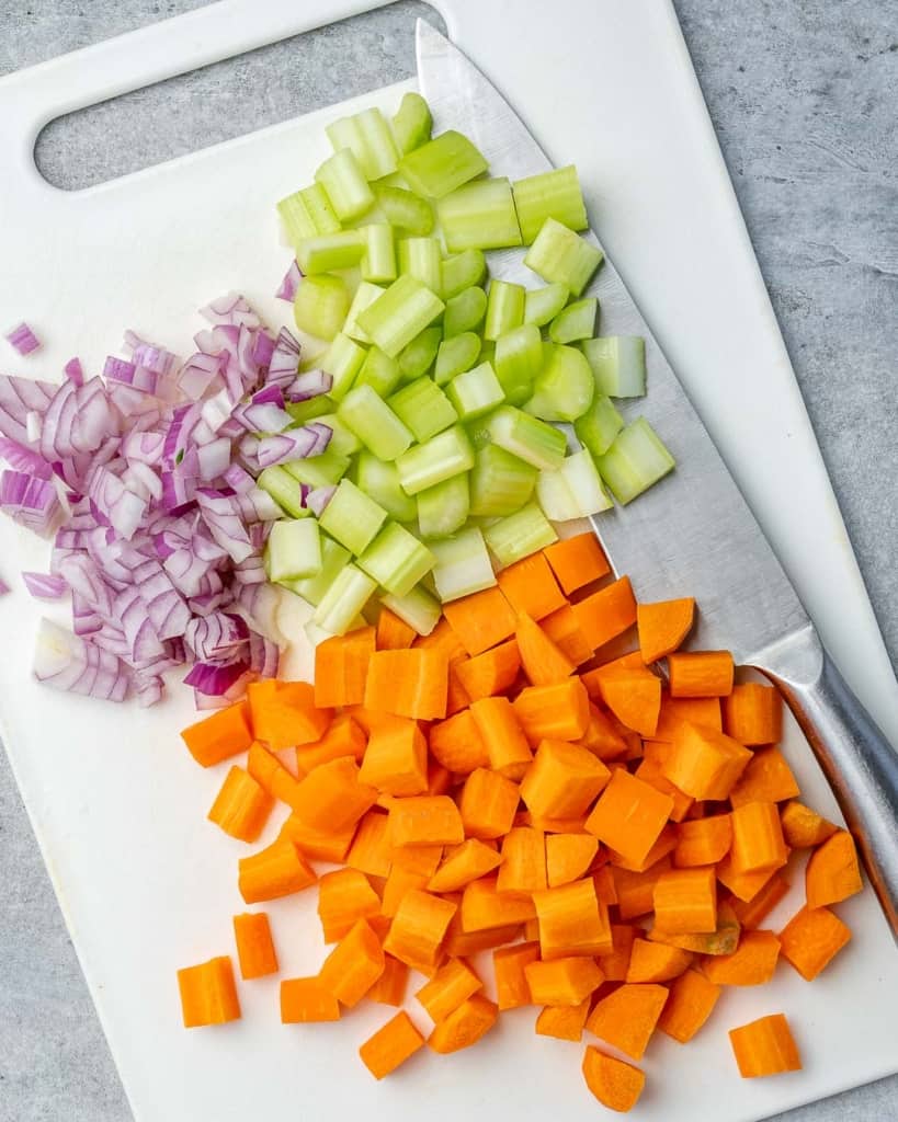 Vegetables diced into similar sized pieces.