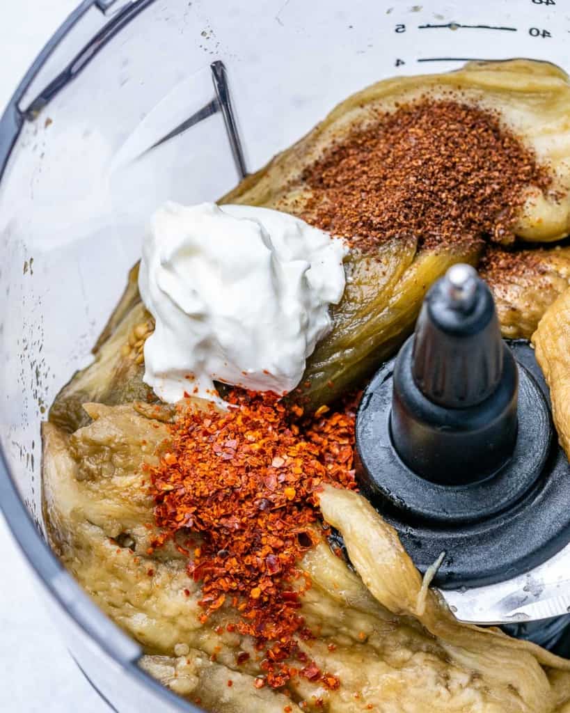 baba ganoush ingredients in food processor before being processed