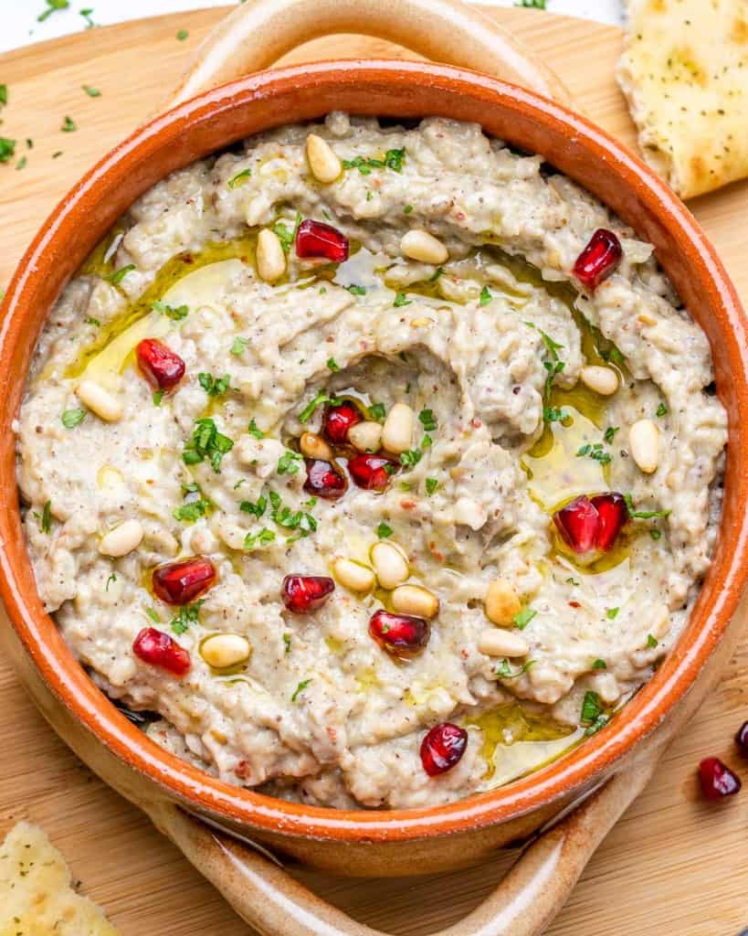 top view baba ganoush with pomegranate garnish