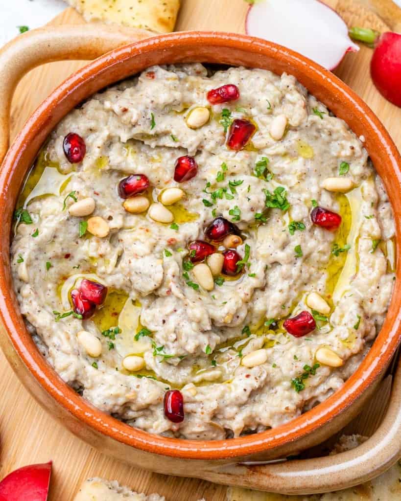 top view close up image of baba ganoush dip 