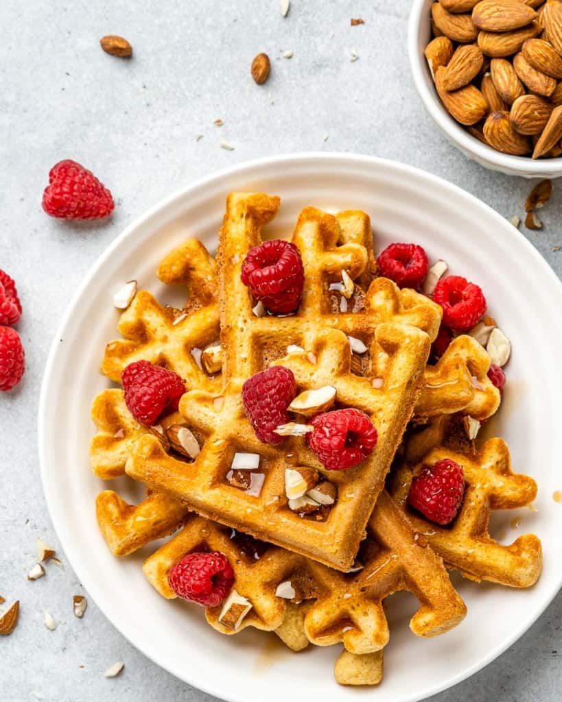 Overheat image of waffles on a plate.