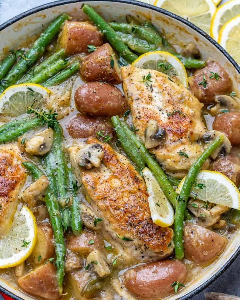 close up chicken skillet with beans and potatoes 