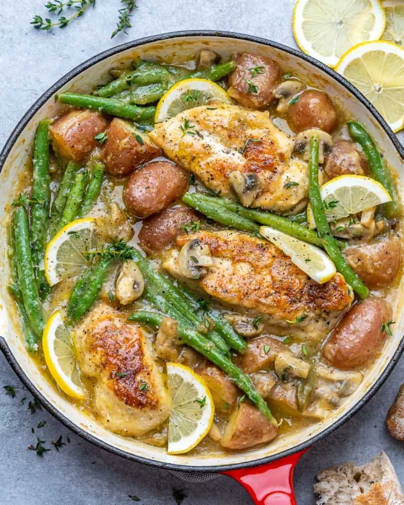 top view chicken skillet with potatoes and green beans