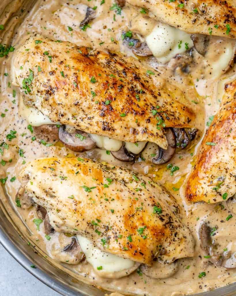 top view stuffed chicken breast in a pan 