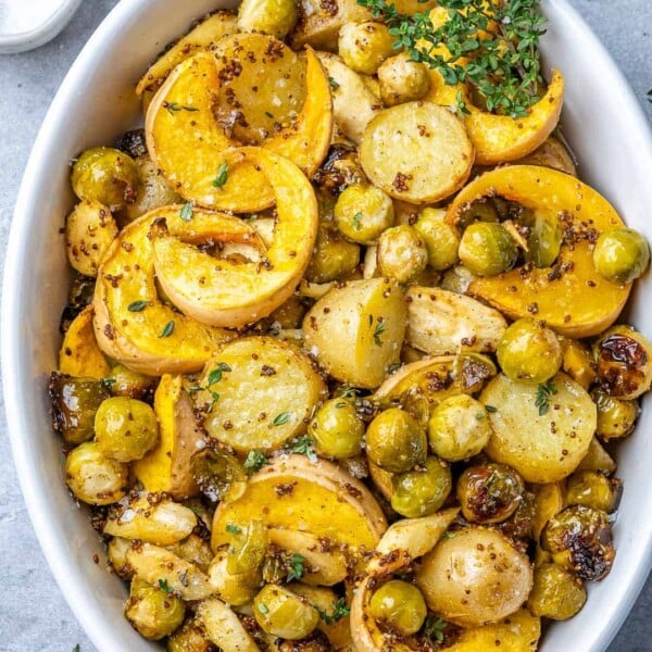 roasted veggies in a white dish