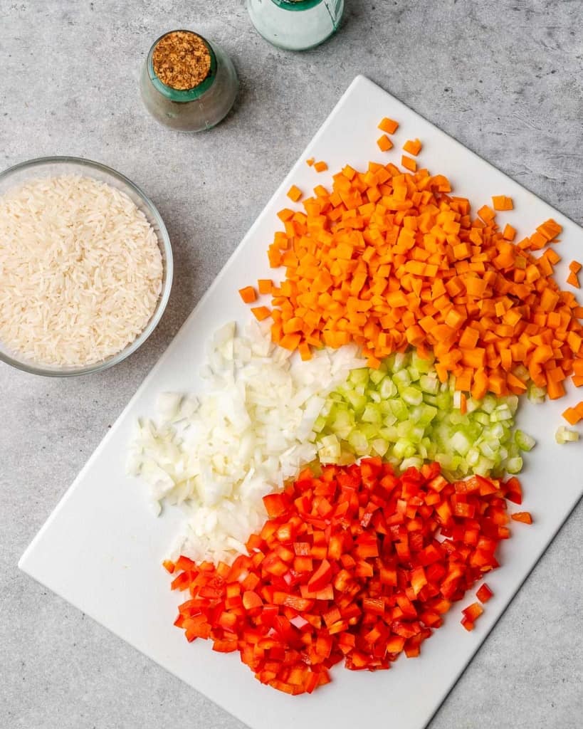 Vegetables diced into similar sized pieces.