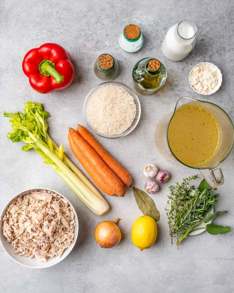 Overhead image of ingredients needed for turkey rice soup.