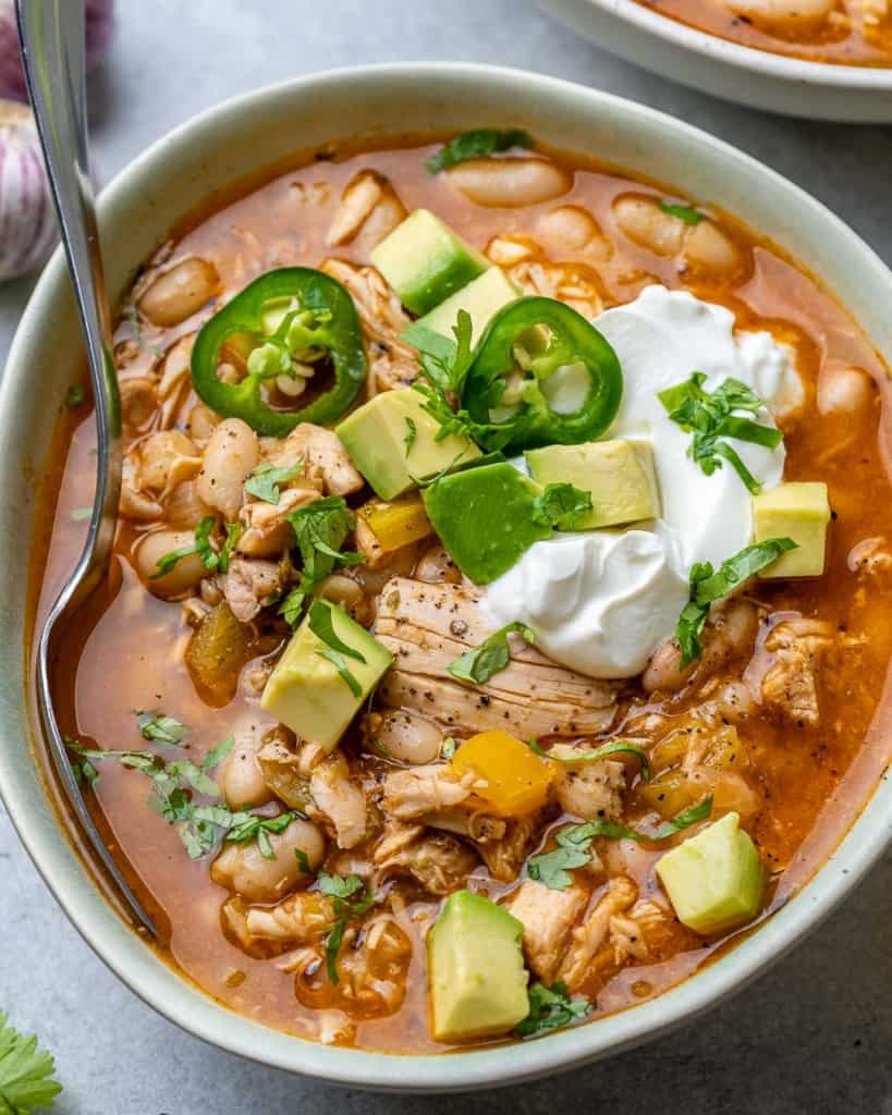 close up turkey bean chili in a bowl