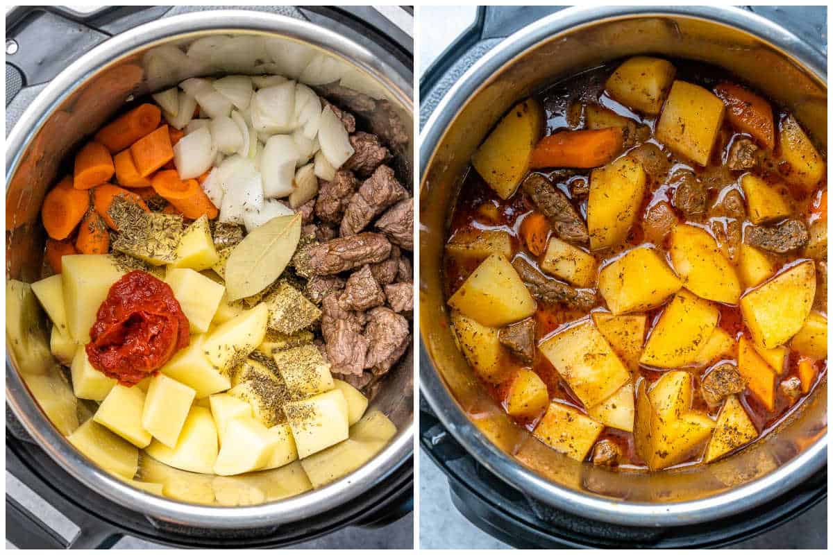 process shot of adding the ingredients in the Instant Pot to make beef stew. 
