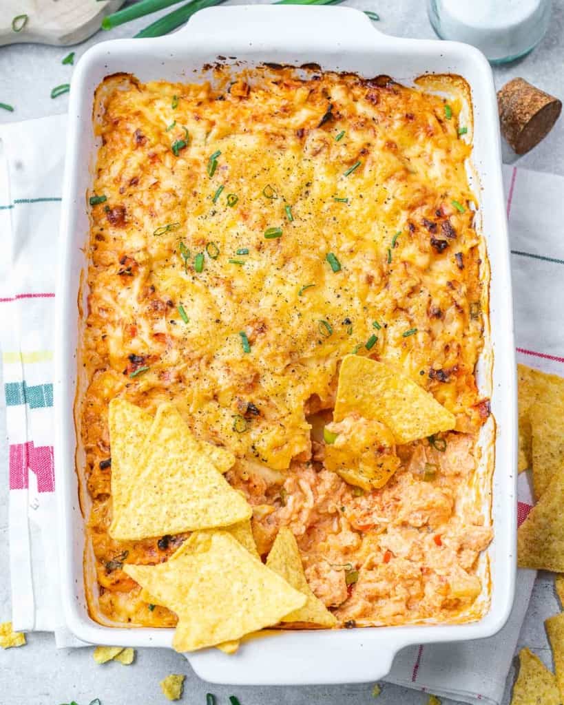 top view easy and healthy chicken dip recipe in a white dish