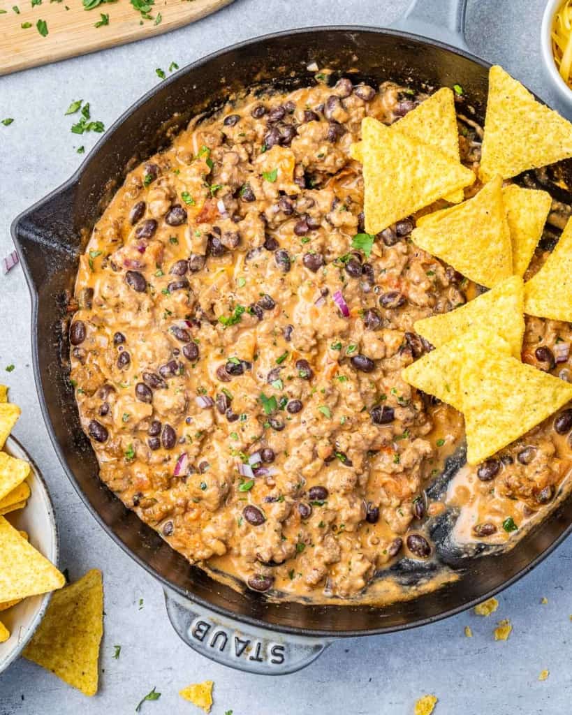 top view queso dip with tortilla