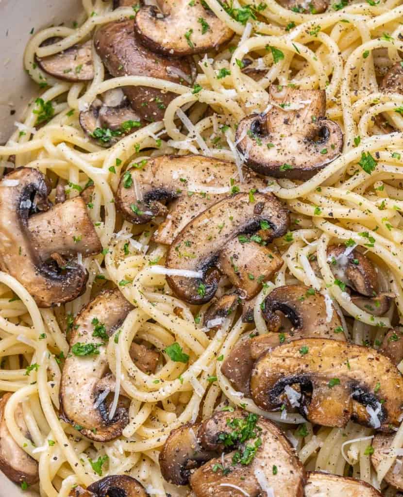 close up image of mushroom pasta 