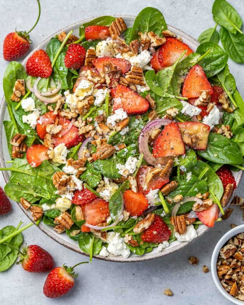 top view of strawberry spinach salad 