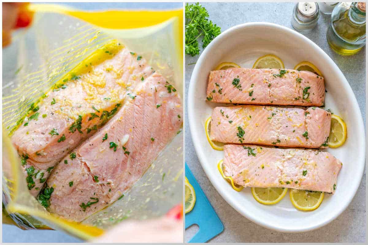 Process shot for marinating the salmon fillets in a bag and then placing them in a dish.
