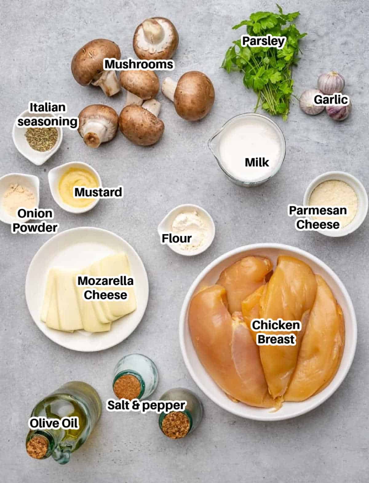 ingredients to make stuffed chicken with mushrooms.