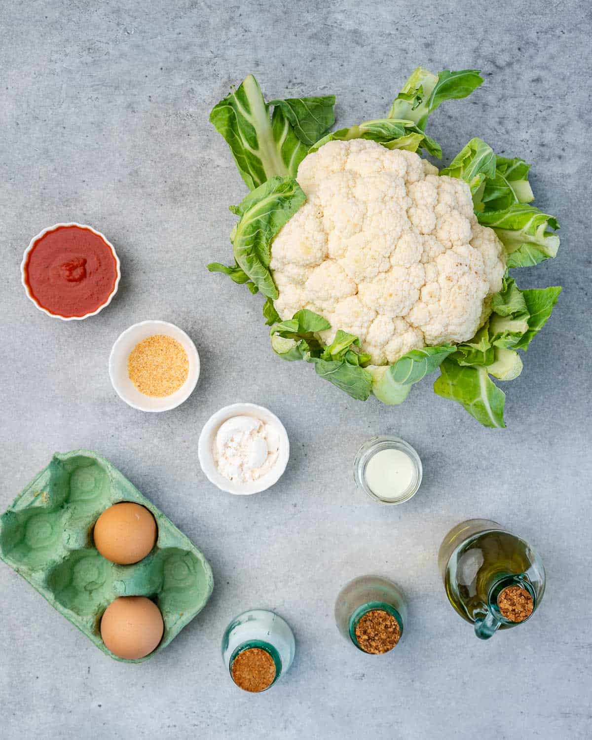 Ingredients for buffalo cauliflower bites on counter.