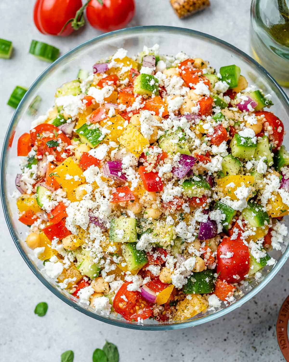 top view quinoa salad in a clear bowl