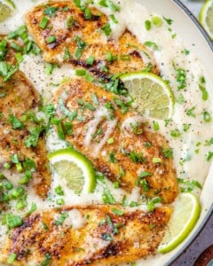 close up creamy chicken in an orange pan