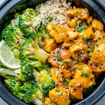 close up honey chicken with broccoli and brown rice