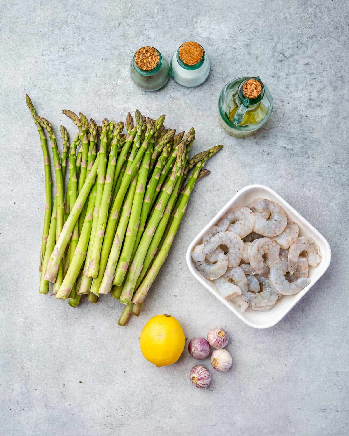 Ingredients for sheet pan shrimp and asparagus.