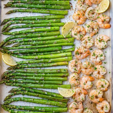 top view sheet pan of shrimp and asparagus