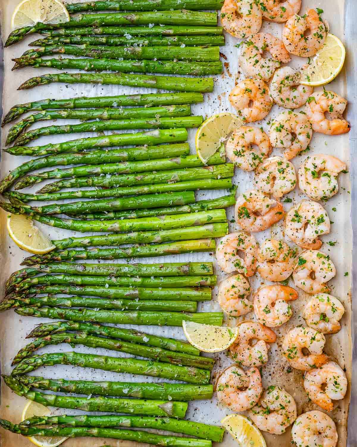 top view sheet pan of shrimp and asparagus