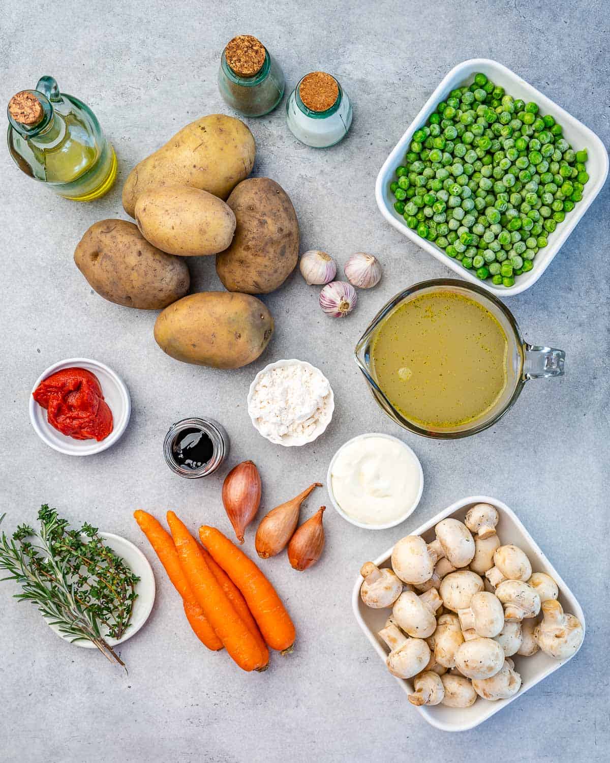 Ingredients for vegetarian shepherd's pie on counter.