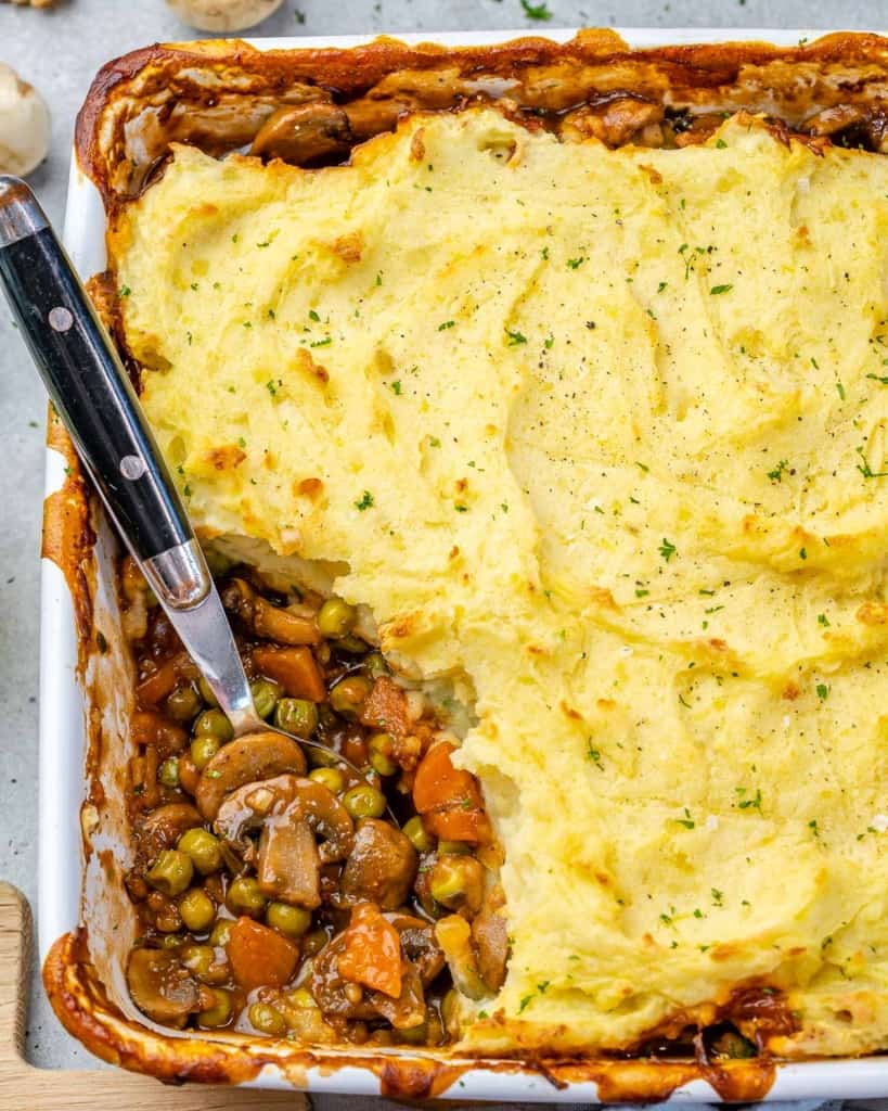 top view shepherds pie with potatoes 