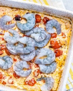 creamy feta base with raw shrimp over creamy sauce