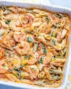 side shot of baked feta pasta and shrimp