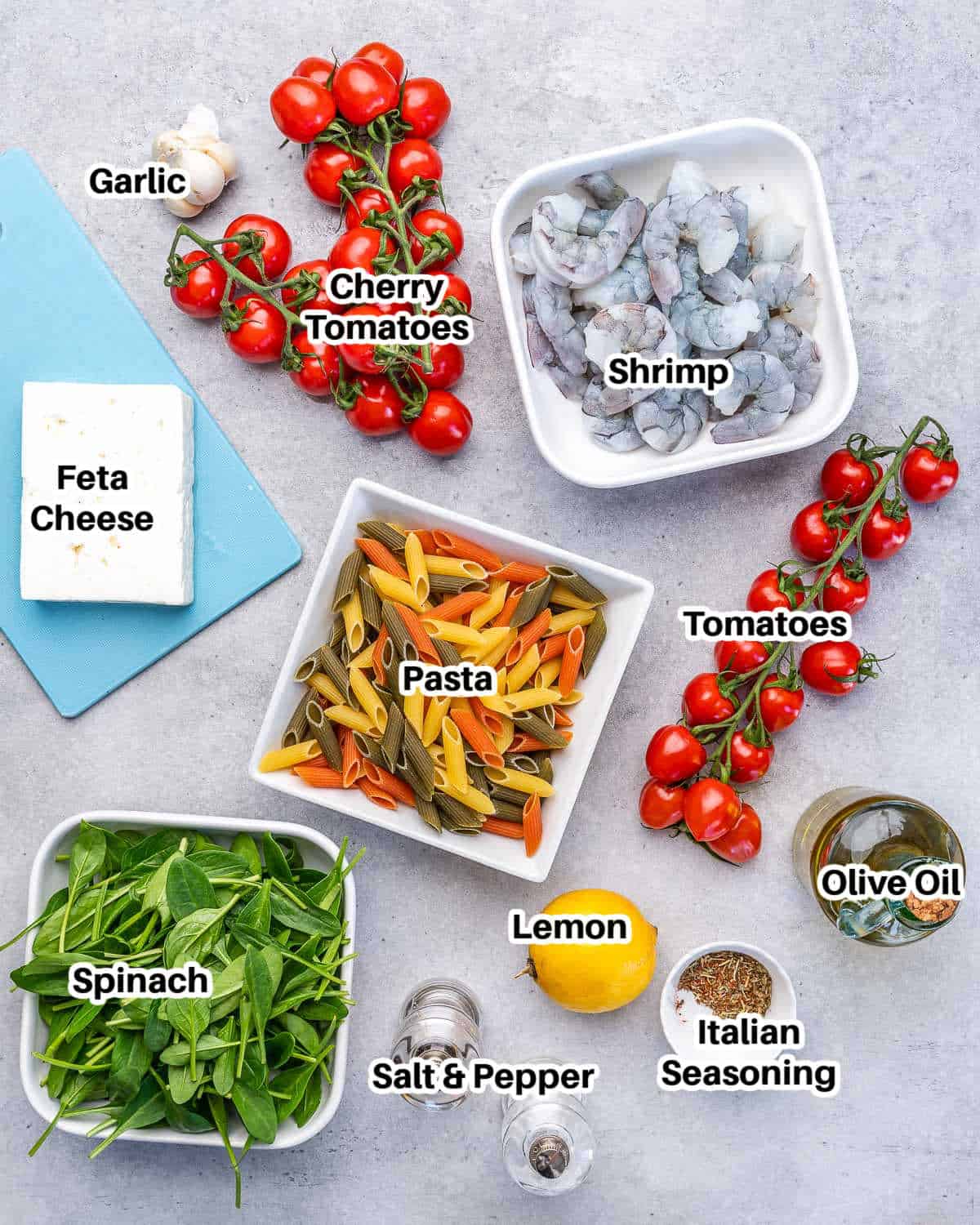 ingredients to make baked feta pasta with shrimp.