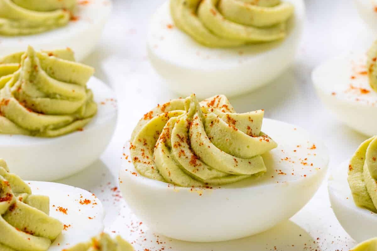close up view of avocado keto deviled eggs
