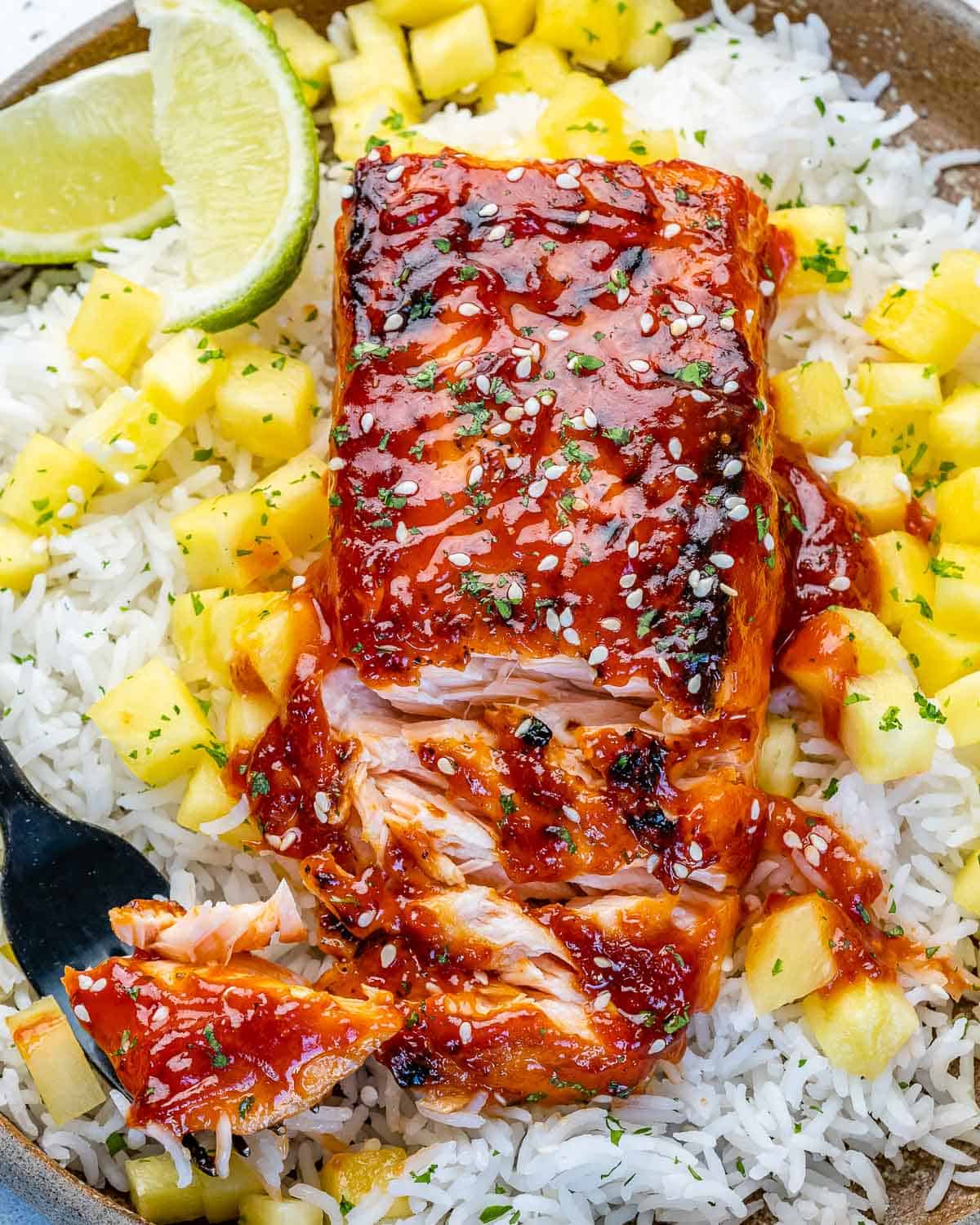 top view bbq salmon with rice