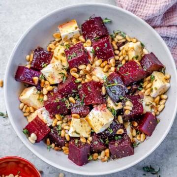 top view beet salad in a white bowl