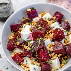 Top view of roasted beet salad