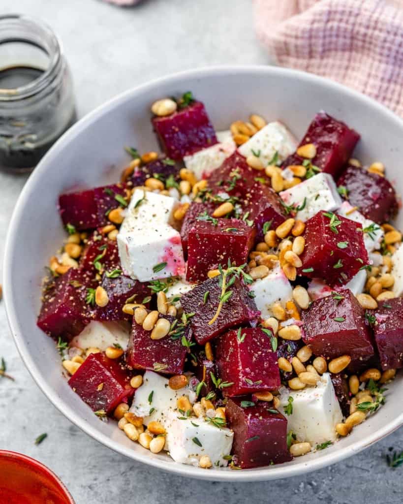 Top view of roasted beet salad