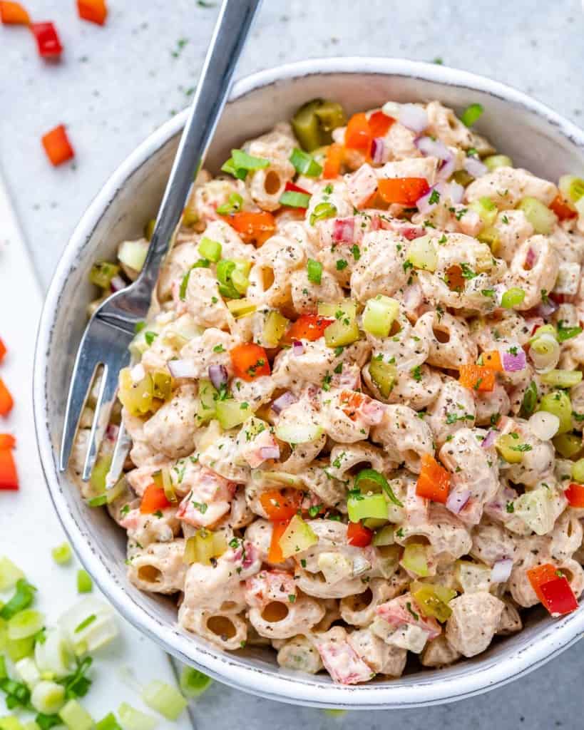 top view macaroni salad in a white bowl