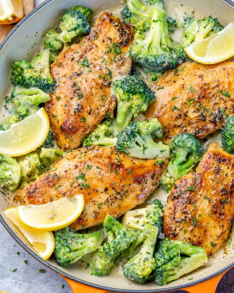 top view chicken breast with creamy broccoli 