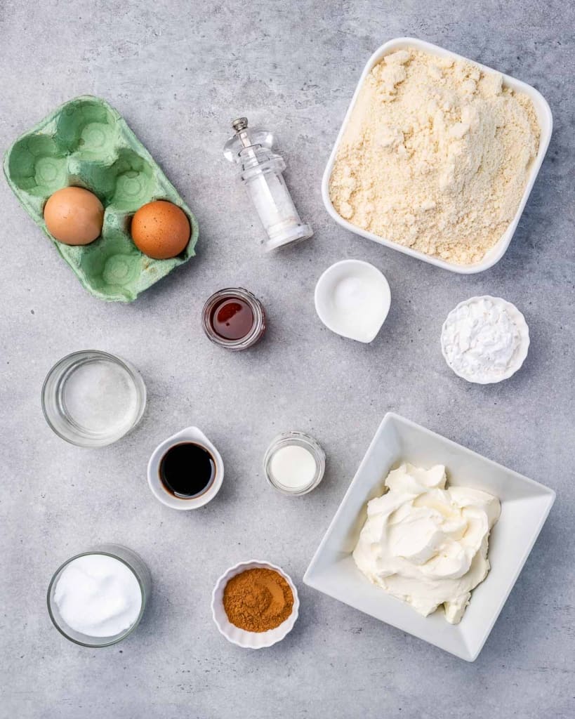 Eggs, maple syrup, cinnamon, stevia, baking flour, coconut flour, almond flour, salt, and coconut oil for cinnamon rolls