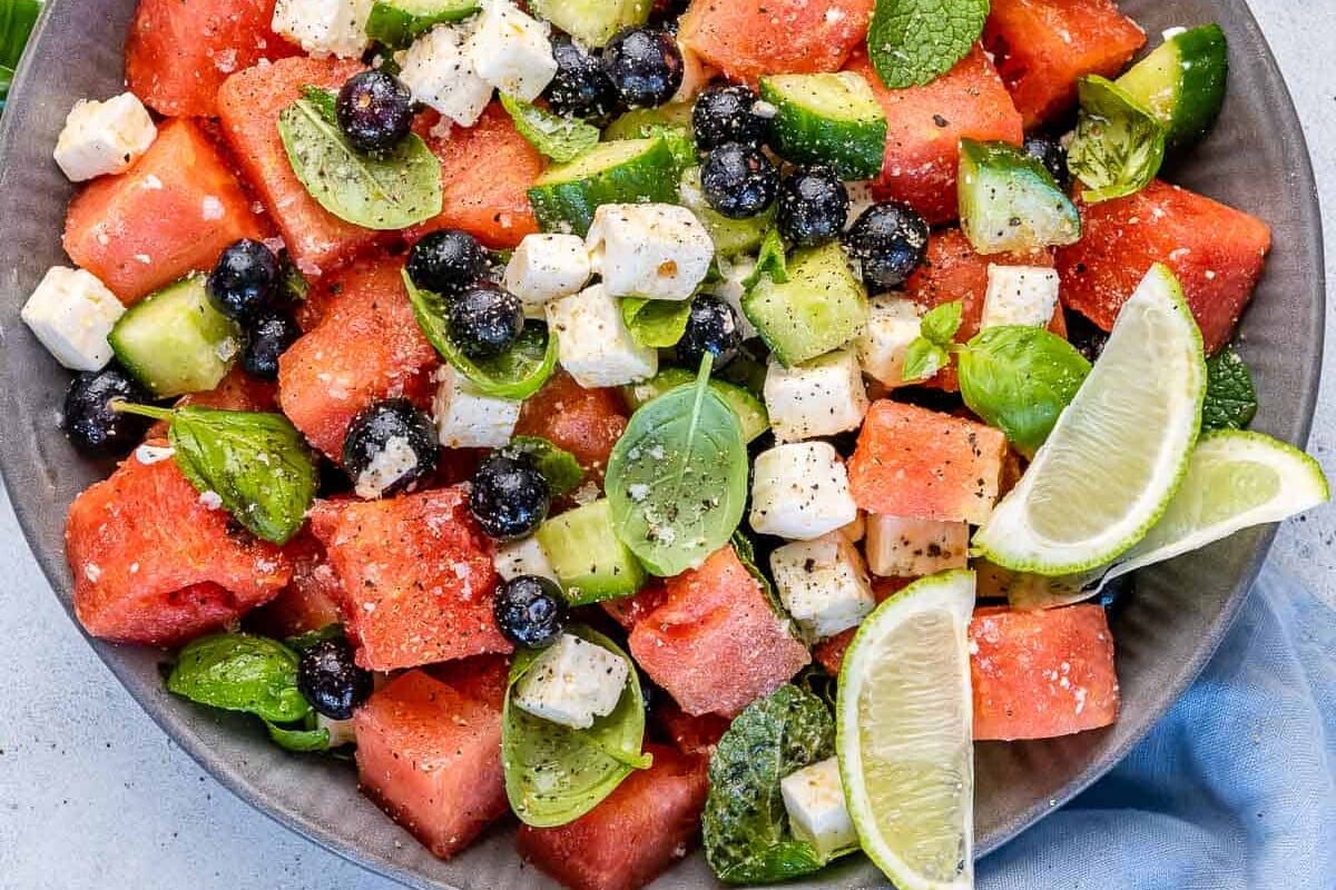 top view watermelon feta salad