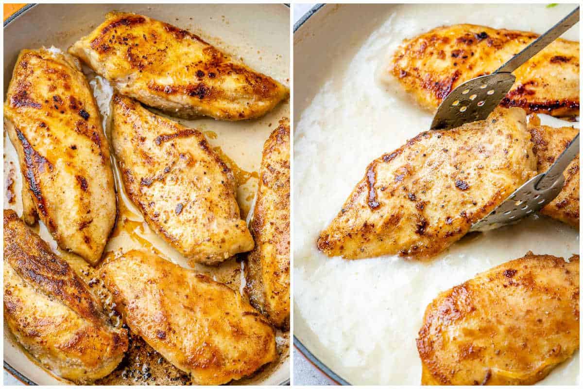 process shot to cook the chicken in a skillet and adding it to a pan with coconut cream sauce.