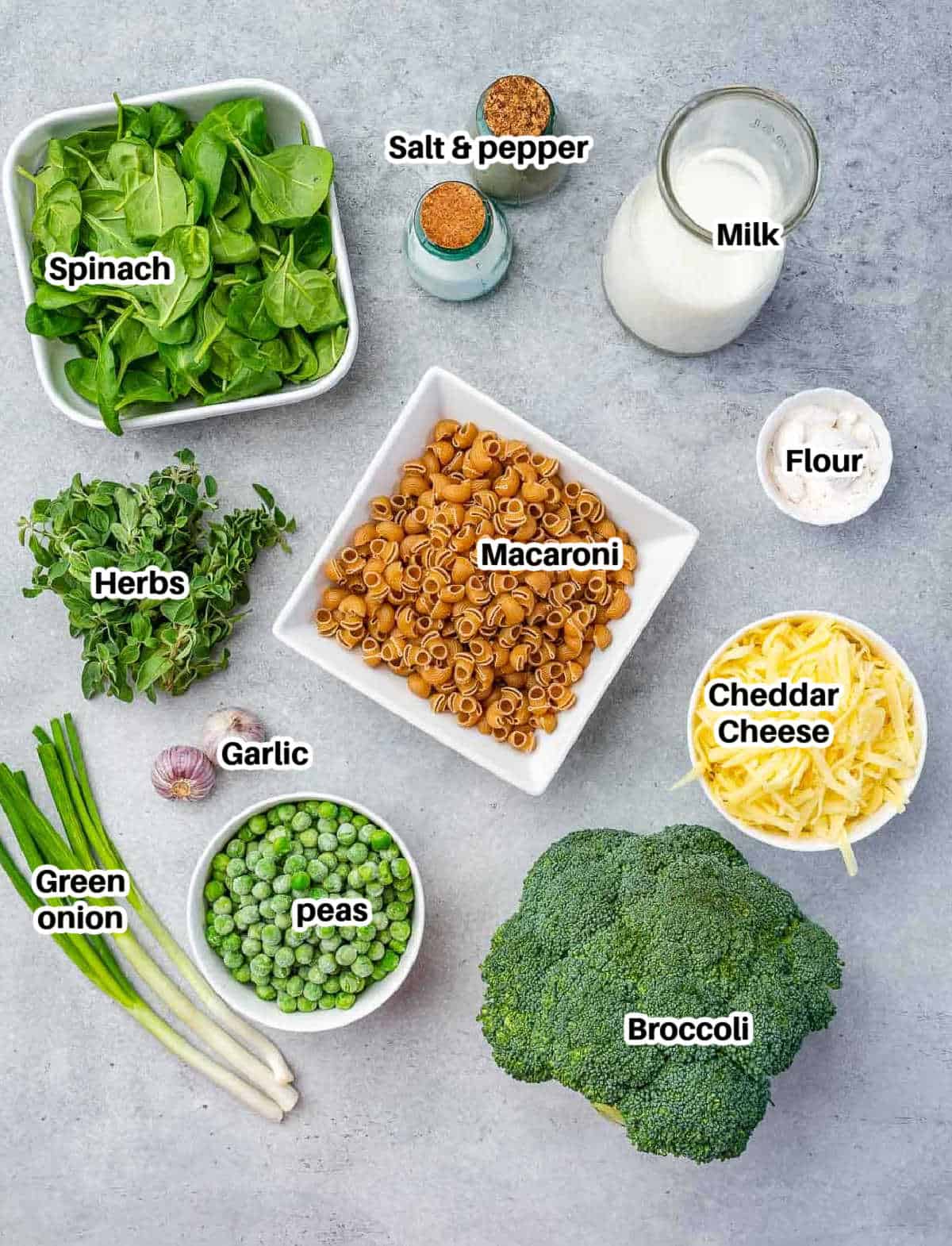 ingredients to make green mac and cheese.